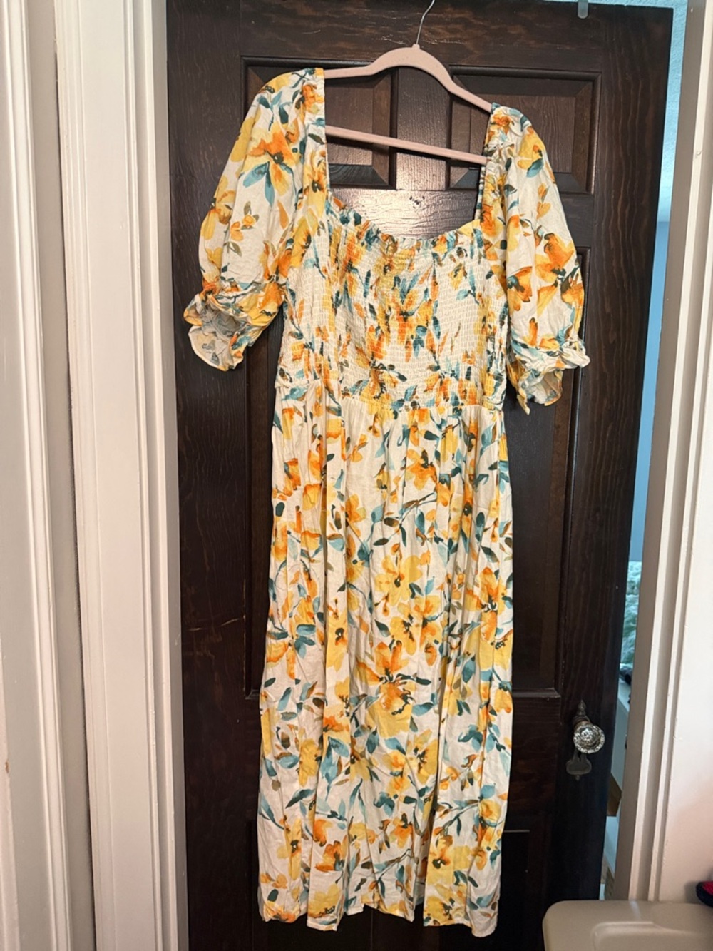 GAP Cream Midi Dress with Yellow Floral Print and Puff Sleeves
